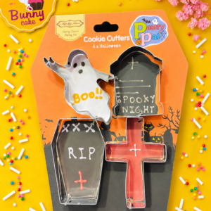 Coffin four-piece Halloween cookie cutter set on Bunny Cakes yellow background
