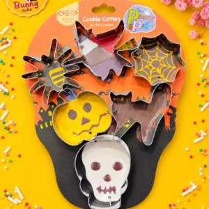Skull six-piece Halloween cookie cutter set on Bunny Cakes yellow background